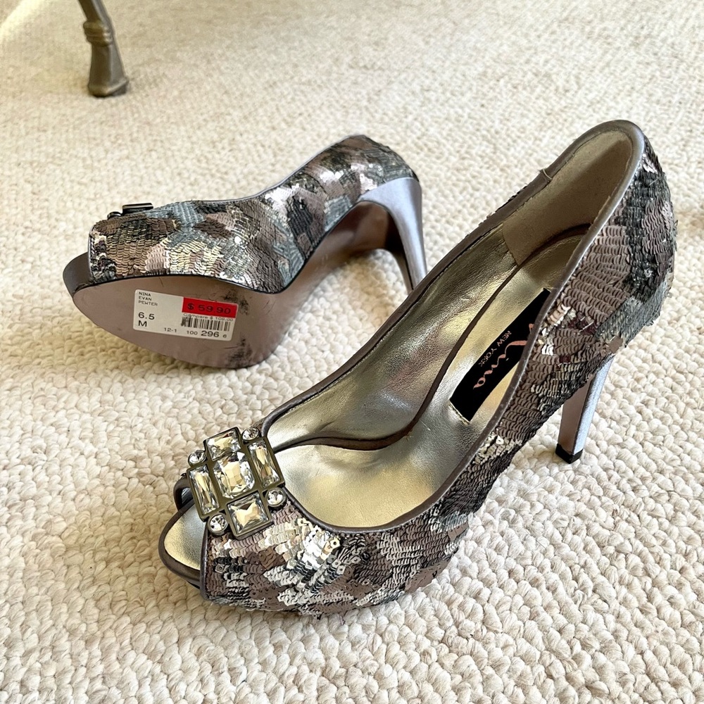 Nina New York Sequin Open-Toe Sparkly Silver Heels